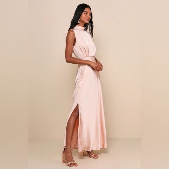 Lulus Classic Elegance Blush Satin Sleeveless Mock Neck Maxi Dress Small NEW - Picture 2 of 15